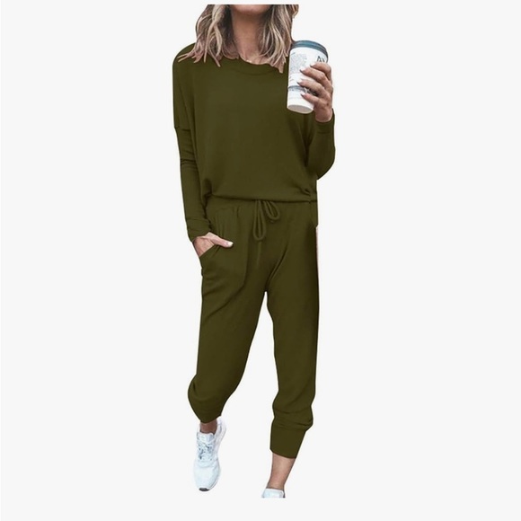 2 Piece Women's  Suit Long Sleeve Casual Bag Home Jogging Bottoms Sets Olive M - Picture 1 of 15